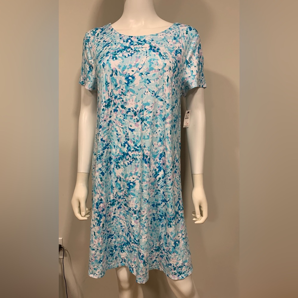 Talbots Shift Shirt Dress Floral Whimsical Short Sleeve Blue Womens M Above Knee